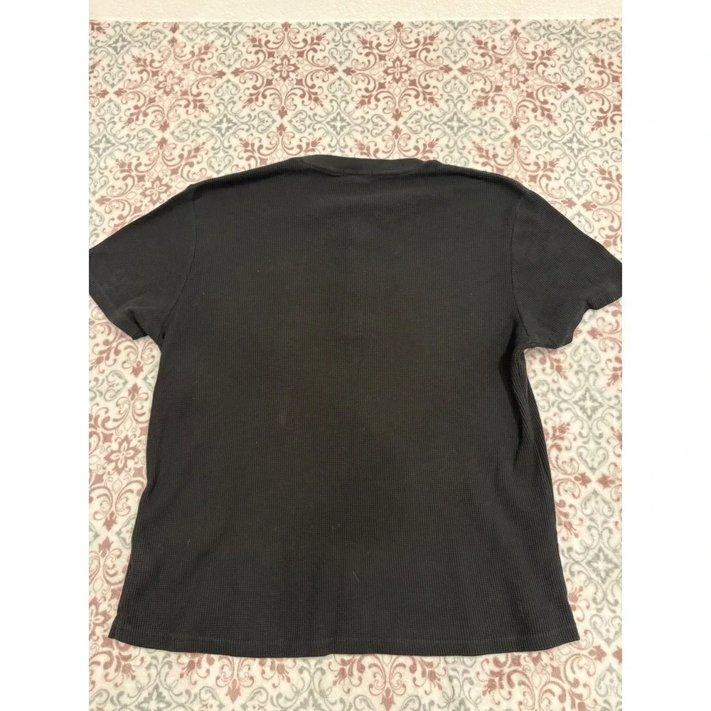 True Religion Mens 2XL Black Waffle Knit Henley Short Sleeve Horseshoe Logo Shir